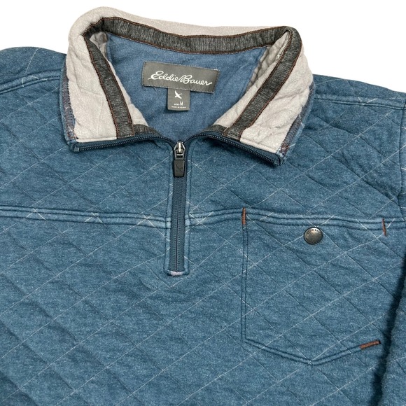 Eddie Bauer Other - Eddie Bauer Men's Quilted Quarter-Zip Sz-M Blue Cotton Preppy Casual Pullover